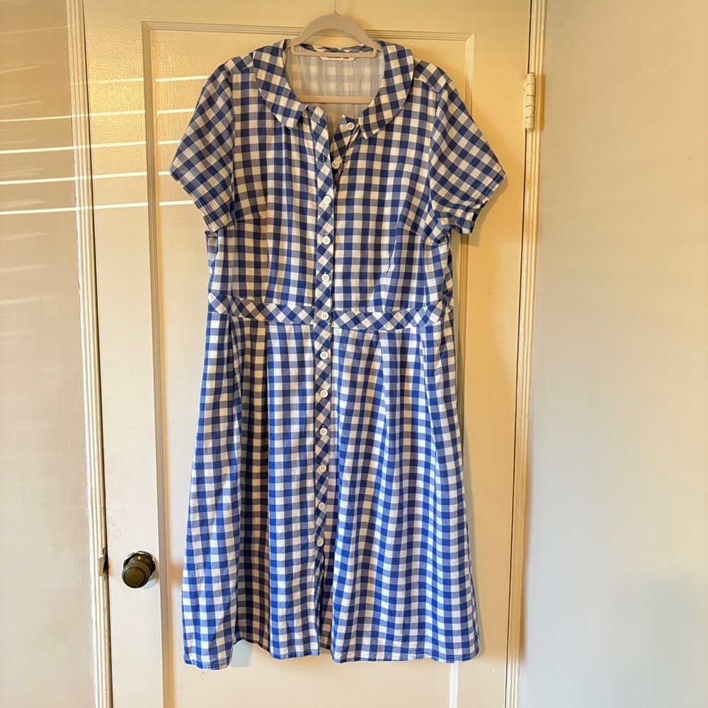 EShakti 2X/22 Retro Blue Gingham Short Sleeved Cotton Dress with Pockets